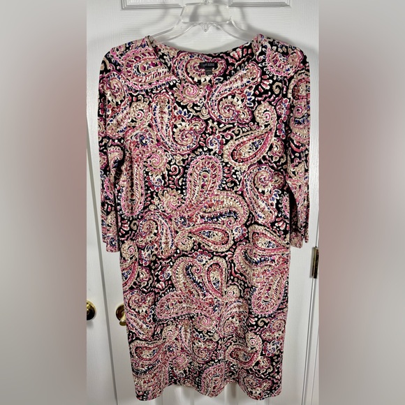 J. Jill Wearever Blurred Paisley 3/4 Sleeve Knit Pleat Dress Petite Large - Picture 2 of 6